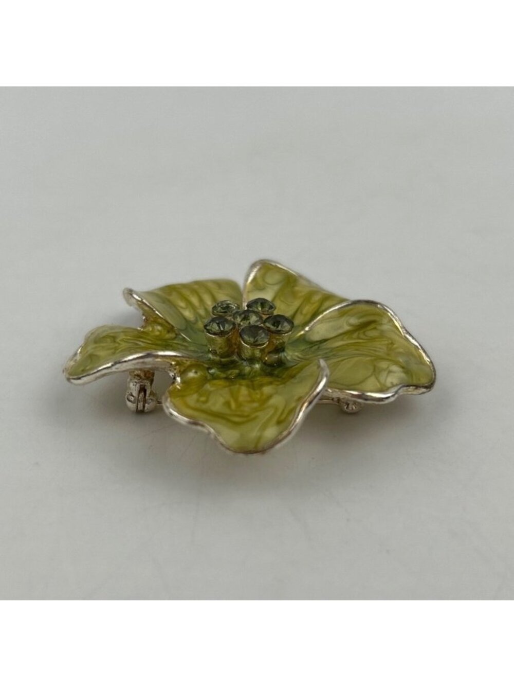 50's Green Flower Enamel Rhinestones Vintage Brooch Glossy Retro Cute Costume - Picture 7 of 7
